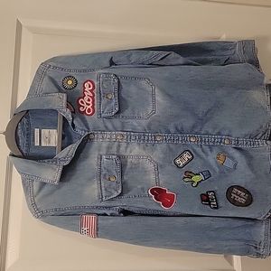 Distressed Denim Shacket with Patches by American Eagle Outfitters